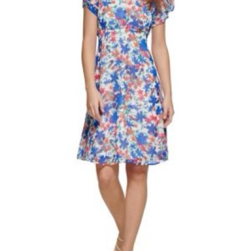 NWT Calvin Klein Floral Blue and Pink Women Chiffon Dress